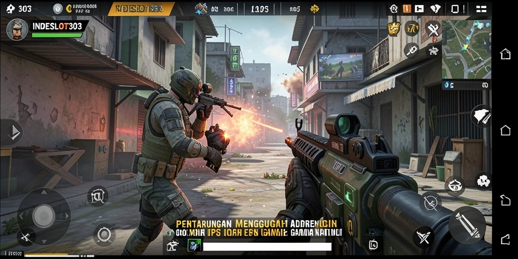 Screenshot gameplay <strong>INDESLOT303</strong> menampilkan aksi menegangkan di medan pertempuran.