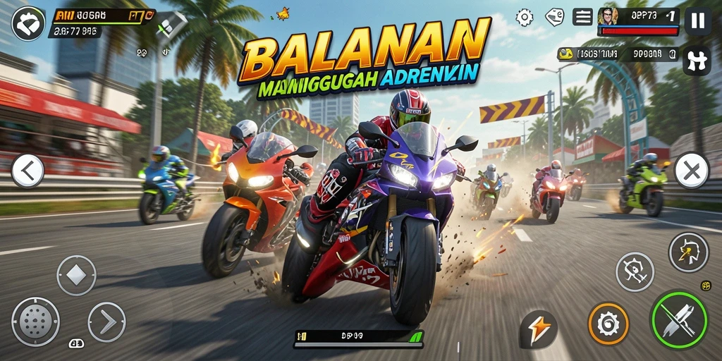 Gameplay PP7 yang mendebarkan dengan balapan motor yang cepat.