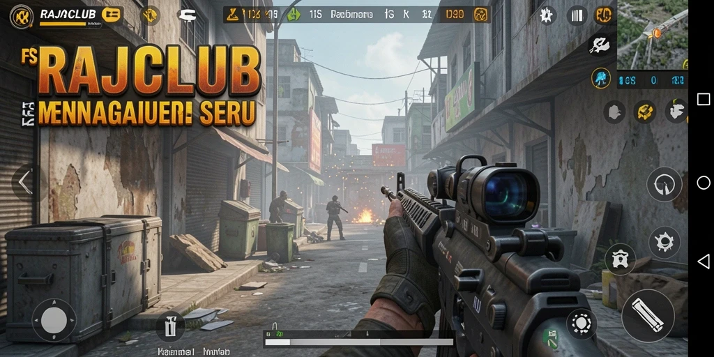 Screenshot RAJACLUB menampilkan adegan aksi FPS yang mendebarkan.